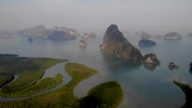 Aerial view over Phangnga Bay Thailand Phangnga, drone view over the lagoon during sunset