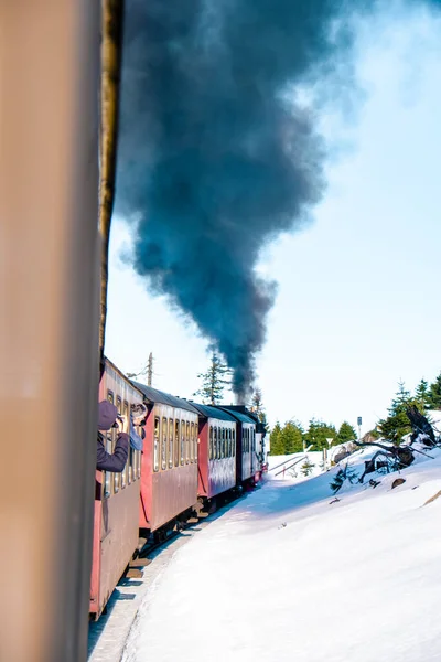 Parc national du Harz Allemagne, train à vapeur historique en hiver, Drei Annen Hohe, Allemagne, Locomotive à vapeur du Harzer Schmallspurbahnen en hiver avec neige . — Photo