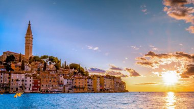 Rovinj Croatia, city village of Rovinj Croatia, colorful town with church and old historical house by the harbor