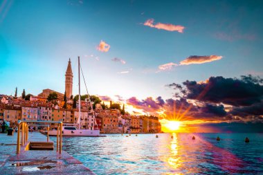 Rovinj Croatia, city village of Rovinj Croatia, colorful town with church and old historical house by the harbor