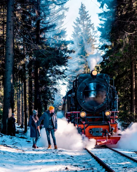 Parc national du Harz Allemagne, train à vapeur historique en hiver, Drei Annen Hohe, Allemagne, Locomotive à vapeur du Harzer Schmallspurbahnen en hiver avec neige . — Photo