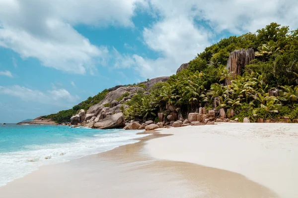 Spiaggia tropicale Seychelkles, spiaggia bianca con palma a Praslin Seychelles — Foto Stock