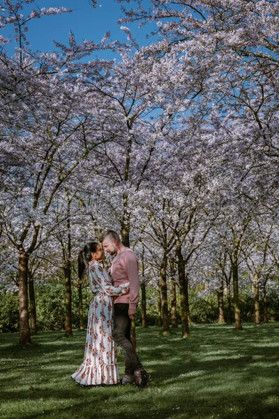 Couple relax in the park during Spring in Amsterdam Netherlands, blooming cherry blossom tree in Amsterdam, men and woman walk in park forest during Spring — Stock Photo, Image