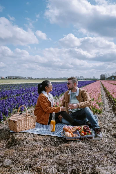 Весняний сезон квітів у Нідерландах, пара проводить пікнік під час весни в районі цибулини Ліссе з гіацинтовими квітами на задньому плані. — стокове фото
