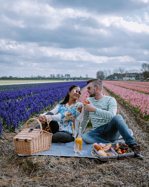 Lente bloemenseizoen in Nederland, koppel picknicken tijdens de lente in de bollenstreek van Lisse met Hyacint bloemenveld op de achtergrond — Stockfoto