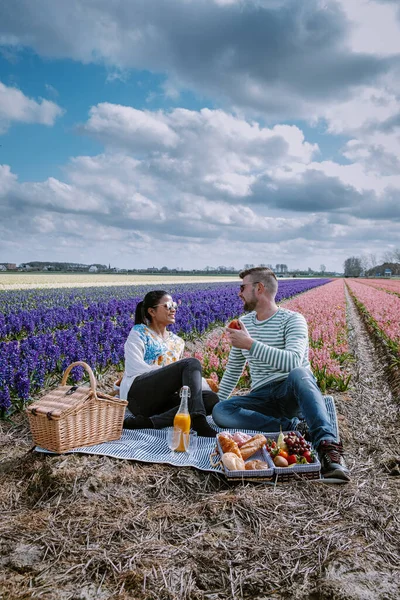 荷兰的春花季节，一对夫妇在春花盛开的时候在李斯特旁边的灯泡区野餐，背景是Hyacinth花圃 — 图库照片