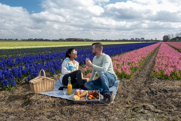 Printemps saison des fleurs aux Pays-Bas, couple pique-niquer pendant le sprin dans la région bulbe par Lisse avec champ de fleurs jacinthe sur le fond — Photo