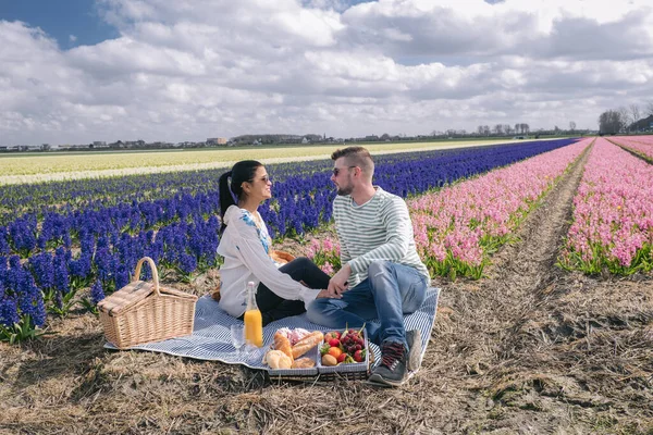 Spring flower season in the Netherlands, couple having a picnic during sprin in the bulb region by Lisse with Hyacinth flowers field on the background — Stock Photo, Image