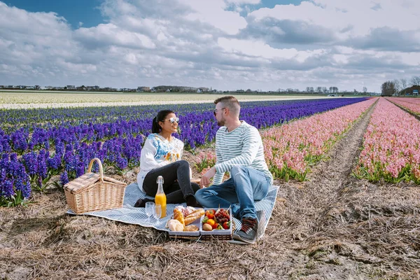 Spring flower season in the Netherlands, couple having a picnic during sprin in the bulb region by Lisse with Hyacinth flowers field on the background — Stock Photo, Image