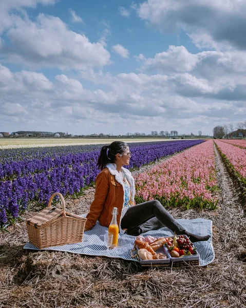 Hollanda 'da bahar mevsimi, arka planda Sümbül çiçek tarlası olan Lisse' nin ampul bölgesinde piknik yapan bir kadın. — Stok fotoğraf