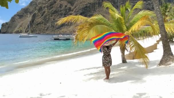 Riesige Pitons Drohne Blick auf Saint Lucia Zuckerstrand St. Lucia Berge, Frau zu Fuß auf weißem Strand — Stockvideo