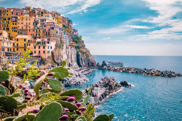 Manarola Village, Cinque Terre Coast Itália. Manarola é uma bela província pequena cidade colorida de La Spezia, Ligúria, norte da Itália e um dos cinco Cinque terre parque nacional — Fotografia de Stock