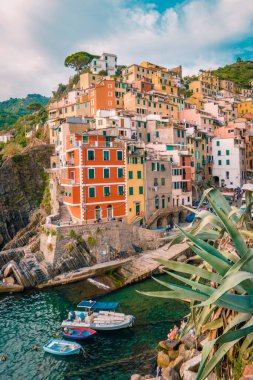 Riomaggiore Cinque Terre İtalya, okyanus kıyısındaki renkli köy limanı.
