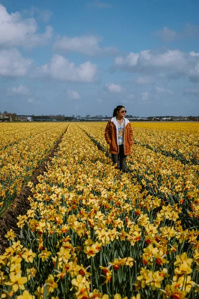 Hollanda Lisse İlkbaharında sarı çiçek tarhında yürüyen bir kadın. — Stok fotoğraf