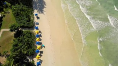 Praslin adası üzerinde panorama drone görüntüsü, kristal berrak su ile kuş bakışı panoramik tropik ada Praslin Seyşeller