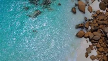 Praslin adası üzerinde panorama drone görüntüsü, kristal berrak su ile kuş bakışı panoramik tropik ada Praslin Seyşeller