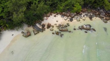 Praslin adası üzerinde panorama drone görüntüsü, kristal berrak su ile kuş bakışı panoramik tropik ada Praslin Seyşeller