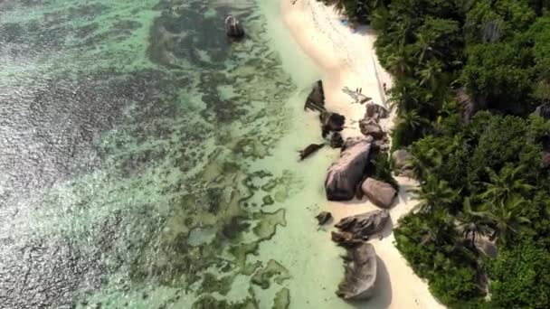 La Digue Seychelles, sunset on the white tropical beach with palm tree, aerial drone view on the beach from above, drone view from above at the beach of Seychelles — стоковое видео
