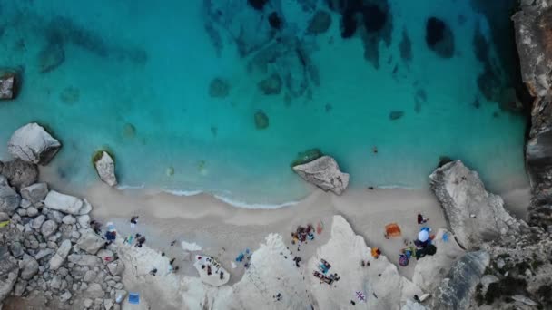 Ilha da Sardenha Itália Costa rosei, vista de uma bela praia cheia de guarda-sóis de praia e pessoas tomando banho de sol e nadando em uma água azul-turquesa. Cala Gonone, Sardenha, Itália, Cala Mariolu — Vídeo de Stock