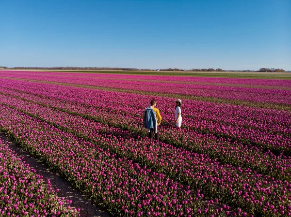 Голландский тюльпан поле, пара в цветочном поле, женщина в платье и летняя шляпа в Тюльпаны поле Нидерланды, счастливая молодая женщина в розовом цветочном поле — стоковое фото