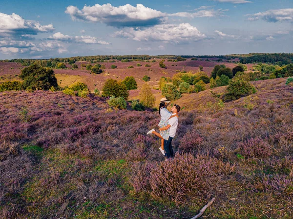 Coppia passeggiando nei prati, Posbank parco nazionale Veluwezoom, fioritura campi di erica durante l'alba al Veluwe nei Paesi Bassi, colline viola del Posbank — Foto Stock