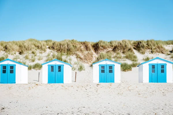 Texel Island Netherlands, blue white beach hut on the beach με φόντο τους αμμόλοφους του Texel Holland, καμπίνα στην παραλία — Φωτογραφία Αρχείου