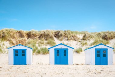 Texel Adası Hollanda, plajda mavi beyaz bir sahil kulübesi, arka planda Texel Holland 'ın kum tepeleri, sahilde bir kulübe.