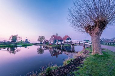 Zaanse Schans Hollanda Gün batımında Hollanda 'da bir yel değirmeni köyü