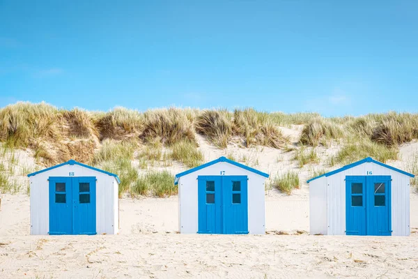 Texel Island Netherlands, blue white beach hut on the beach με φόντο τους αμμόλοφους του Texel Holland, καμπίνα στην παραλία — Φωτογραφία Αρχείου