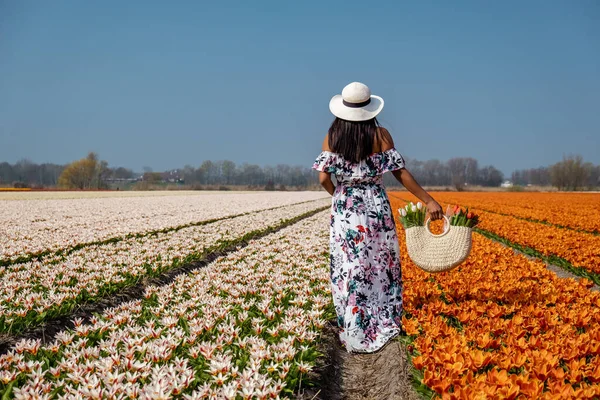 lower covered meadow in the bulb region. Woman posing in flower field with blooming Spring flowers Netherlands