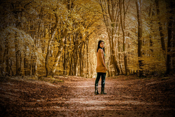 Autumn in the netherlands at the Veluwe national park, woman in the forest with orange yellow leaves during fall in the Netherlands,Old historical castle photo taken outsdie the residence property