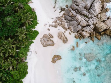 Tropik ada Praslin Seyşeller 'in kumsalında insansız hava aracı görüntüsü