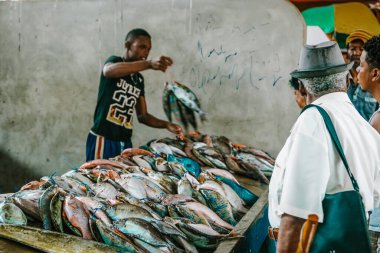 MAHE, SEYCHELLES - Mart 2018 - gıda pazarı, Victoria, insanlar pazarda balık ve sebze satıyor
