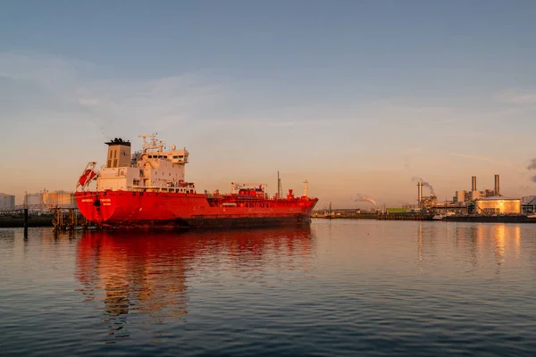 Rotterdam Hollandia 2020. április 07., olajkikötő tartályterminálokkal és vegyifuvarozókkal a rotterdami kikötőben napkeltekor — Stock Fotó