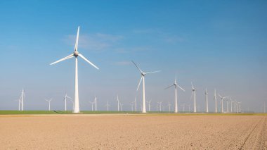 Yel değirmeni parkı Batı Hollanda, rüzgâr değirmeni türbini okyanusta mavi gökyüzü, yeşil enerji