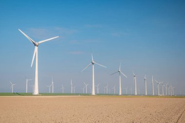 Yel değirmeni parkı Batı Hollanda, rüzgâr değirmeni türbini okyanusta mavi gökyüzü, yeşil enerji
