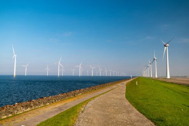 Yel değirmeni parkı Batı Hollanda, rüzgâr değirmeni türbini okyanusta mavi gökyüzü, yeşil enerji