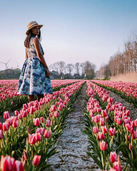Tulipán květinové pole v Nizozemsku, mladá žena s šaty v tulipán květinové pole, dívka s šaty a kloboukem v květinové podání — Stock fotografie