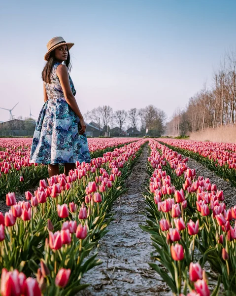 Hollanda 'daki lale çiçeği tarlası, lale çiçeği tarlasında elbisesi ve çiçekli şapkası olan genç bir kadın. — Stok fotoğraf