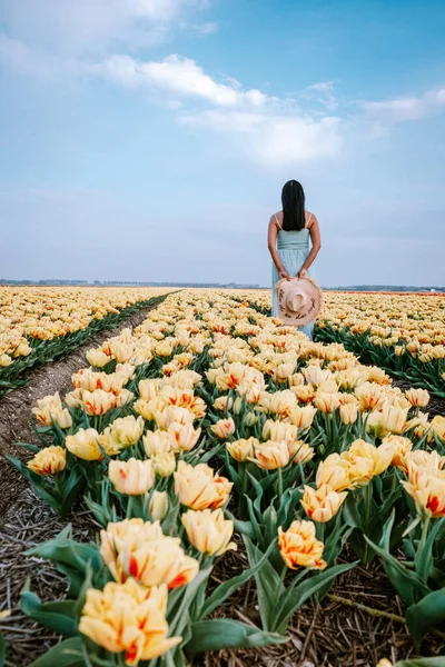 Hollanda 'daki lale çiçeği tarlası, lale çiçeği tarlasında elbisesi ve çiçekli şapkası olan genç bir kadın. — Stok fotoğraf