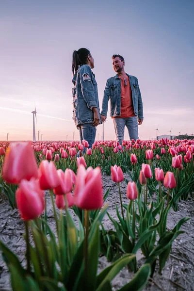 Pola kwiatów tulipanów podczas zachodu słońca w Holandii Noordoostpolder Europe, szczęśliwa młoda para mężczyzn i kobiet w sukience pozowanie na polu kwiatów w Holandii — Zdjęcie stockowe