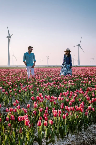 Campo de flores de tulipán durante el atardecer en los Países Bajos Noordoostpolder Europe, feliz pareja de hombres y mujeres jóvenes con vestido posando en el campo de flores en los Países Bajos —  Fotos de Stock