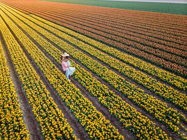 Тюльпан цветок поля во время заката заката заката в Нидерландах Noordoostpolder Европы, счастливая молодая пара мужчин и женщин в платье позирует в цветочном поле в Нидерландах — стоковое фото