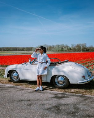 Lisse Hollanda 'da. Çift eski bir spor arabayla yolculuğa çıkıyor. Beyaz Porsche 356 Speedster, Hollanda çiçek soğanı bölgesi lale tarlalarıyla.