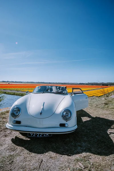 Lisse Hollanda 'da. Çift eski bir spor arabayla yolculuğa çıkıyor. Beyaz Porsche 356 Speedster, Hollanda çiçek soğanı bölgesi lale tarlalarıyla. — Stok fotoğraf