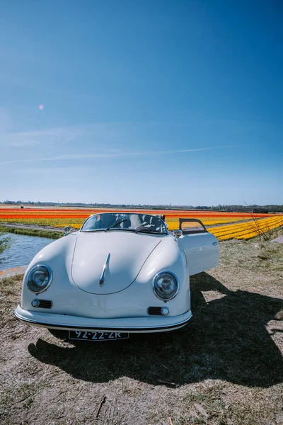 Lisse Netherlands,. casal fazendo uma viagem com um velho carro esporte vintage Branco Porsche 356 Speedster, holandês região bulbo flor com campos de tulipa — Fotografia de Stock