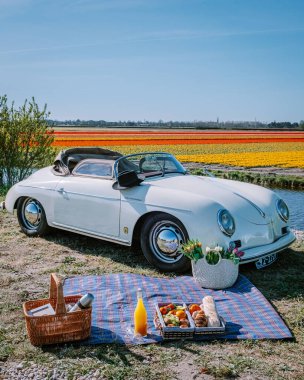 Lisse Hollanda 'da. Çift eski bir spor arabayla yolculuğa çıkıyor. Beyaz Porsche 356 Speedster, Hollanda çiçek soğanı bölgesi lale tarlalarıyla.