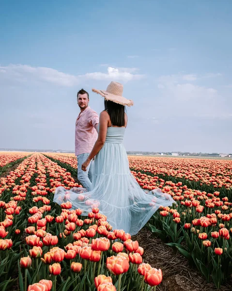 荷兰春天的花田里，男人和女人在一起；荷兰诺德洛斯特沃尔德森林附近的橘红色郁金香田里，男人和女人在春天的黄昏的阳光下 — 图库照片