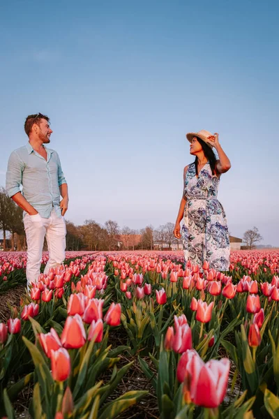 Couple in flower field , dutch tulips, men and woman in white tulip field in the Netherlands — Stock Photo, Image