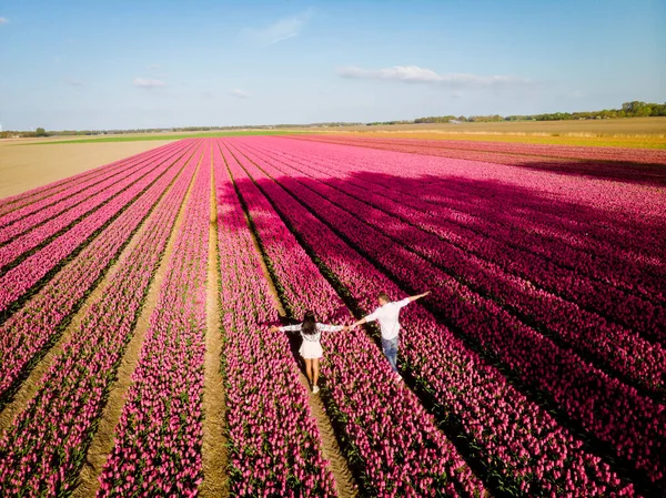 Campos tulipanes en los Países Bajos, pareja de hombres y mujeres en el campo de flores durante la primavera en los Países Bajos — Foto de Stock
